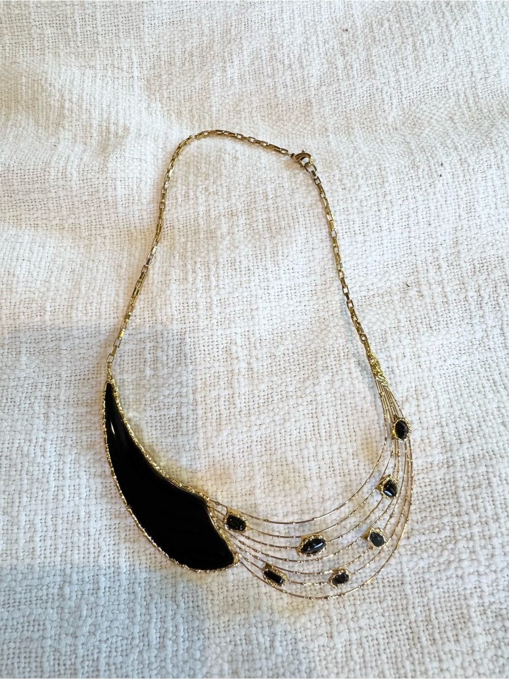 Vintage 80s Asymmetrical Black Enamel Gold Wire Bib‎ Collar Necklace Gala Fancy